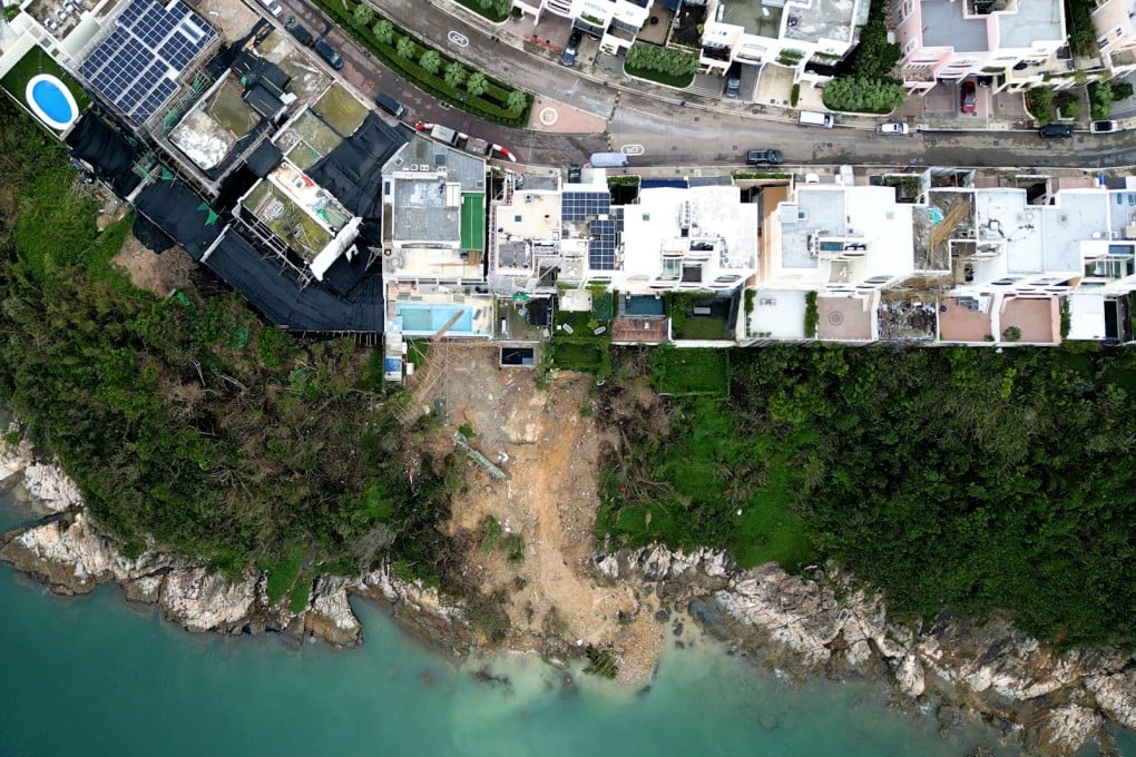 This screen capture from an SCMP video shows how a landslide revealed illegal basements under luxury Hong Kong homes at Redhill Peninsula in Tai Tam. Photo: SCMP
