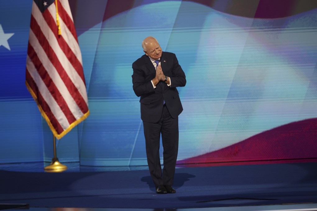 Minnesota Governor and Democratic vice-presidential nominee Tim Walz reacts as he speaks during the third day of the Democratic National Convention in Chicago, on August 21. Photo: San Francisco Chronicle via AP