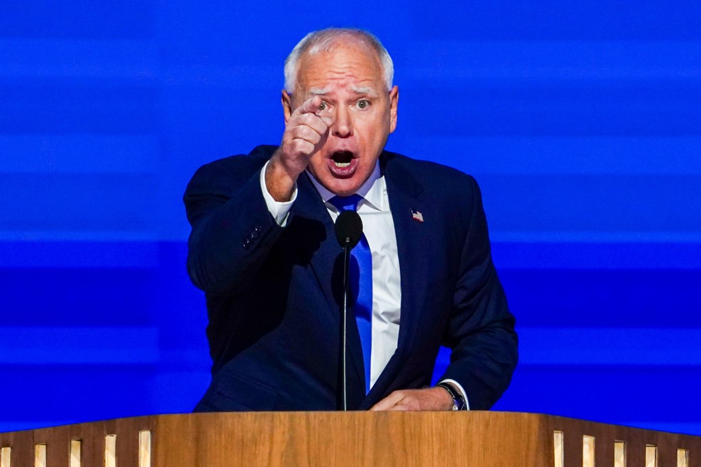 Governor of Minnesota and Democratic vice-presidential nominee Tim Walz speaks on the third night of the Democratic National Convention (DNC) at the United Center in Chicago. Photo: EPA-EFE
