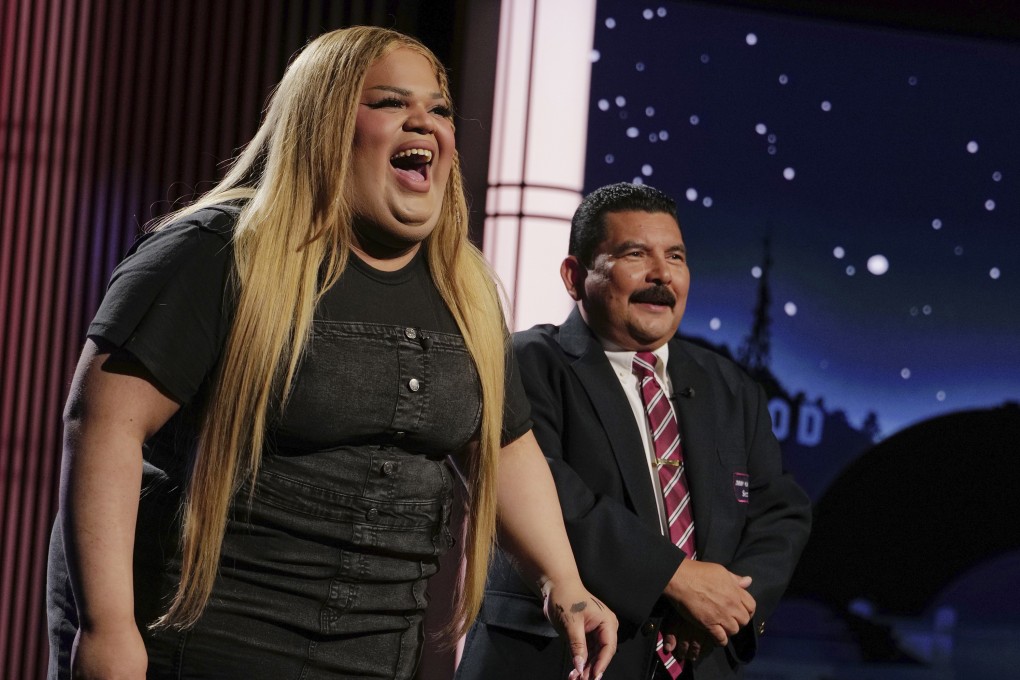 TikTok creator Jools Lebron with talk- show personality Guillermo Rodriguez on the set of American television show Jimmy Kimmel Live! A video she posted to social media recently went viral and got the word “demure” trending, giving her income. Photo: Randy Holmes/ABC-Disney via AP