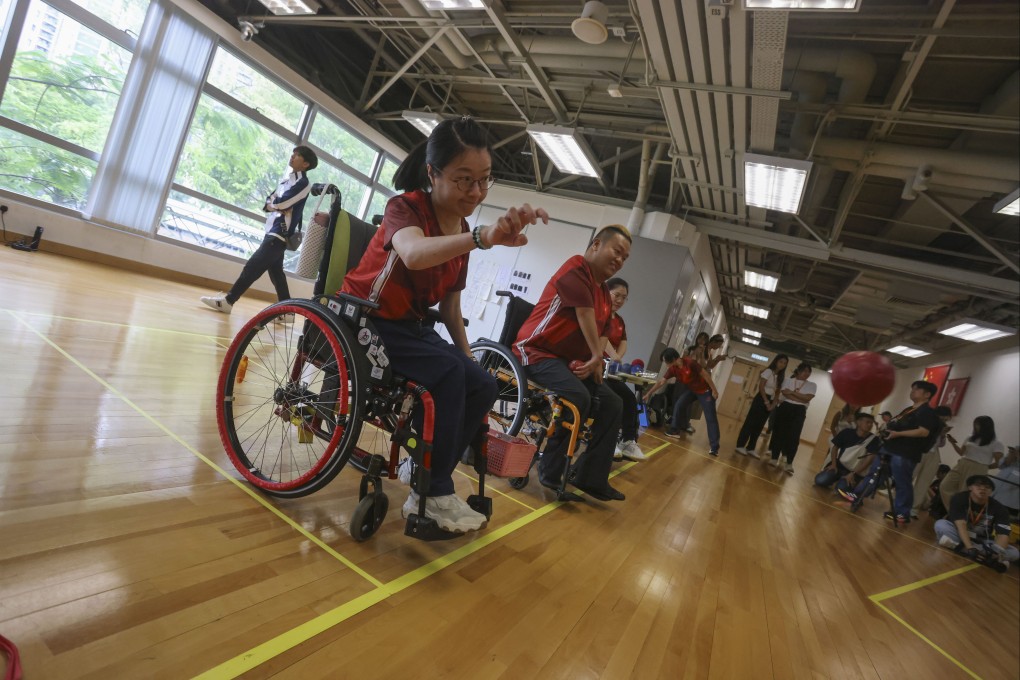 Boccia athletes Yeung Hiu-lam (left) and Leung Yuk-wing demonstrate their skills at Hong Kong Sports Institute ahead of leaving for the Paris Paralympics. Photo: Jonathan Wong