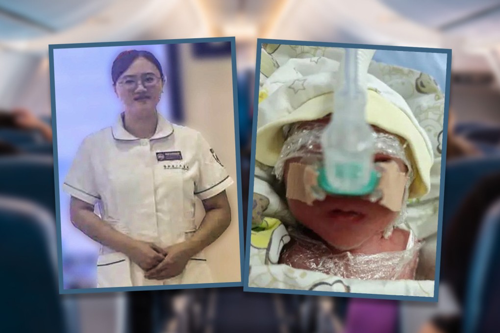 A quick-thinking nurse in China has saved the life of a baby born prematurely in the toilet of a passenger aircraft. Photo: SCMP composite/Shutterstock/CCTV