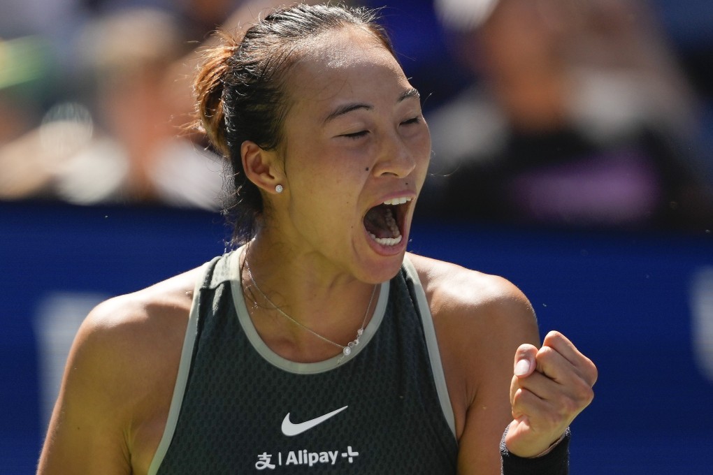 Zheng Qinwen celebrates winning a point during her women’s singles first round match against Amanda Anisimova at the US Open. Photo: AP