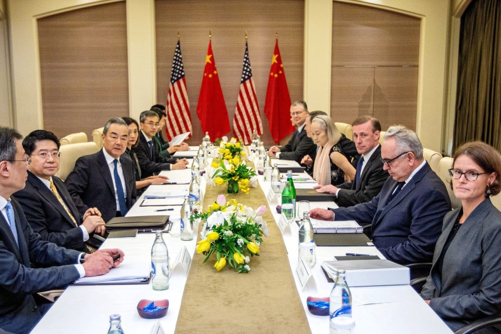 Chinese Foreign Minister Wang Yi (third from left) and US National Security Adviser Jake Sullivan (third from right) leading their delegations in Bangkok on January 26, 2024, the last time they held face-to-face meetings. Photo: Xinhua