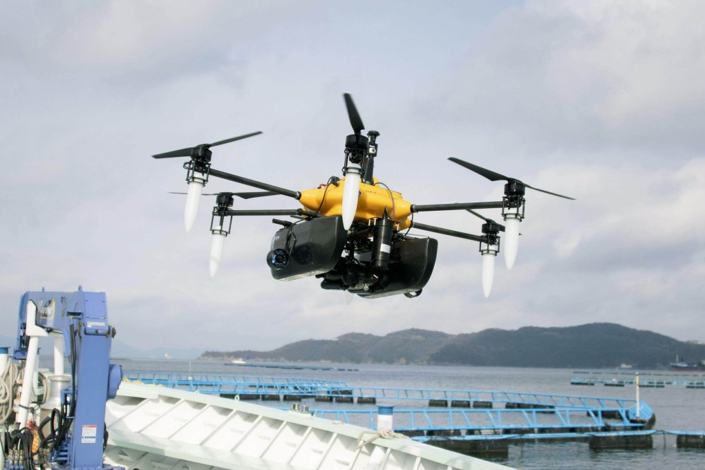 A drone flys off the coast of Himeji, Japan’s Hyogo prefecture. Photo: Kyodo