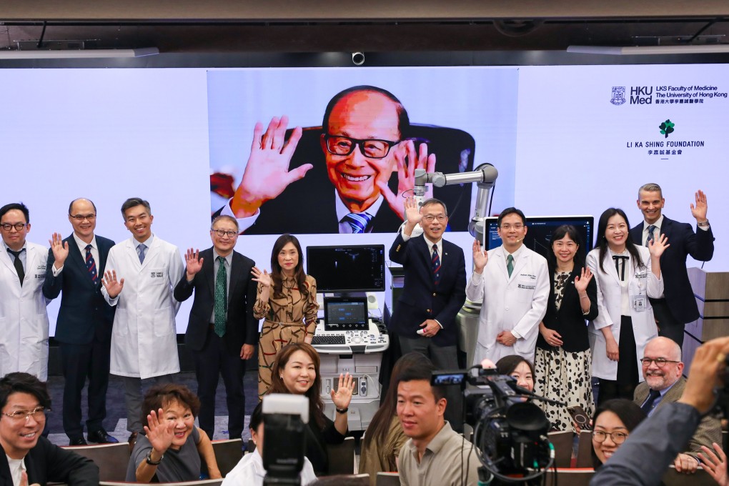 Business magnate Li Ka-shing (centre) also made a virtual appearance at the ultrasound medical device’s unveiling on Tuesday. Photo: Xiaomei Chen