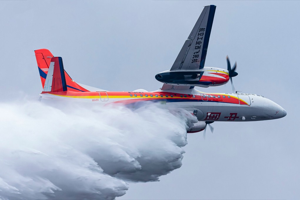China’s new MA60 firefighting aircraft can carry up to 6 tonnes of water. Photo: Weibo/GHN31