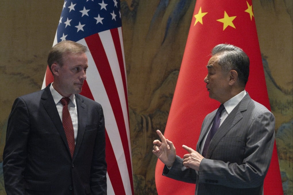 White House national security adviser Jake Sullivan and Wang Yi, China’s top diplomat, prepare to head in for talks in Beijing on Tuesday, the first day of Sullivan’s three-day visit. Photo: AP