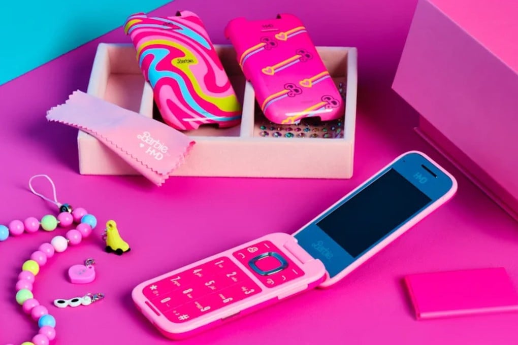 The HMD Barbie Phone comes with colourful cases and wrist strap, but no access to social media apps. Photo: HMD, Mattel