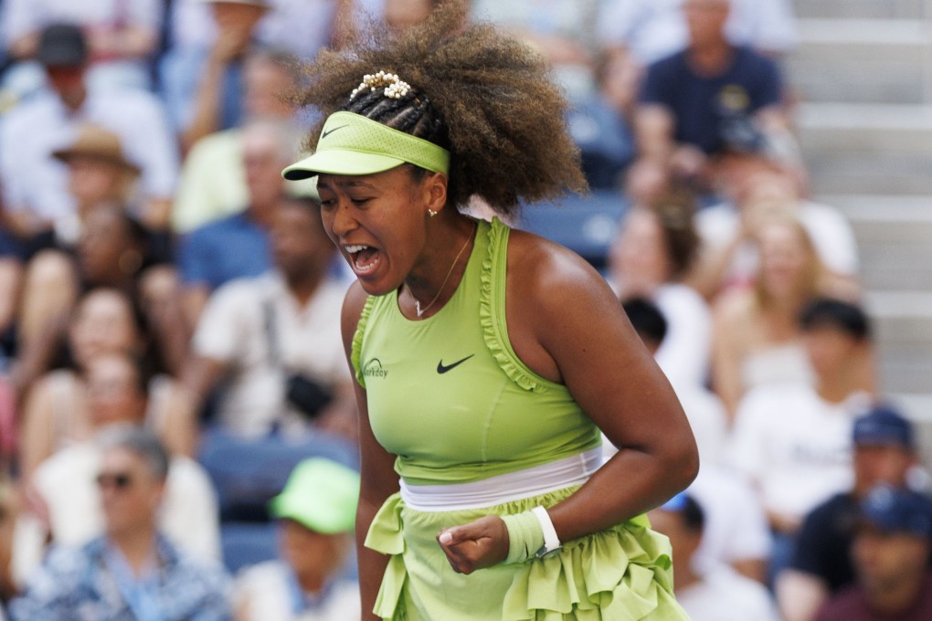 Naomi Osaka celebrates winning a point against Jelena Ostapenko during their first round women’s singles match at the US Open. Photo: EPA-EFE