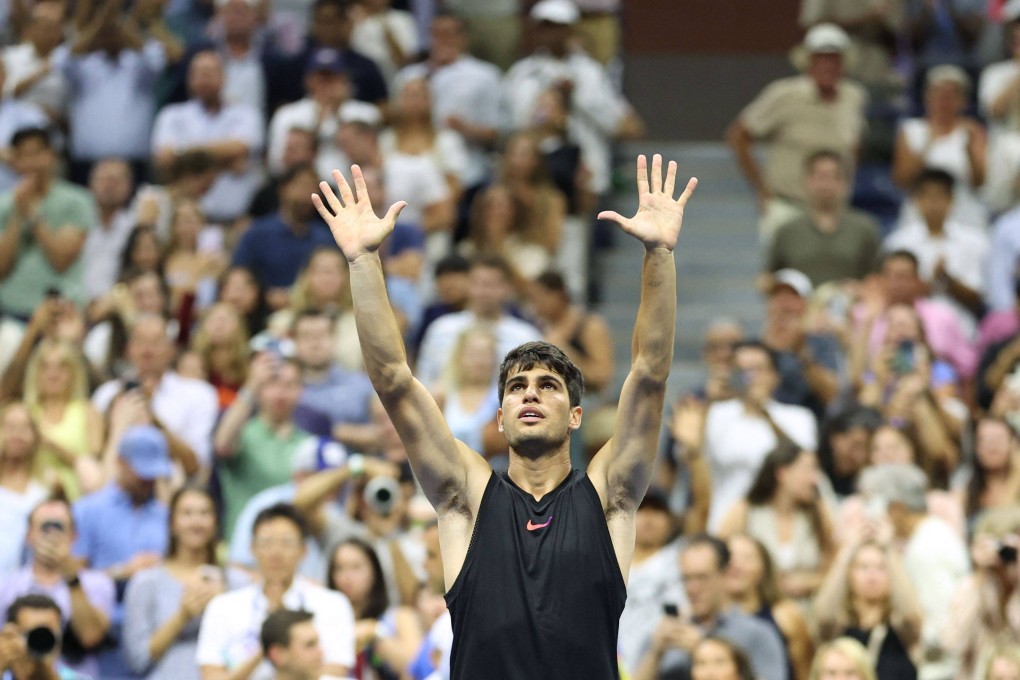 Carlos Alcaraz celebrates after winning his US Open first round match against Australia’s Li Tiu as he bids to win the tournament for a second time. Photo: AFP