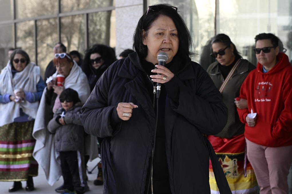 Cathy Merrick, Grand Chief of the Assembly of Manitoba Chiefs, during a vigil in front of Manitoba’s highest trial court in Winnipeg, Manitoba, on April 28, on the eve of the trial of Jeremy Skibicki. File photo: AFP