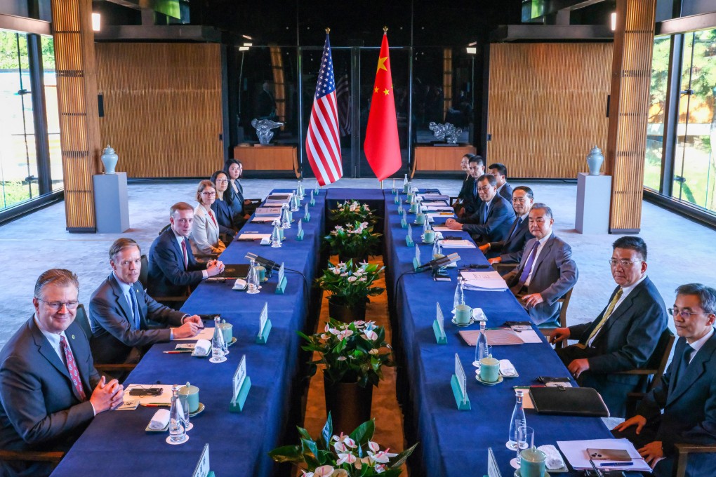 US national security adviser Jake Sullivan (fourth left)  and China’s top diplomat Wang Yi (fourth right) hold talks at Yanqi Lake in Beijing on Tuesday. Photo: Xinhua