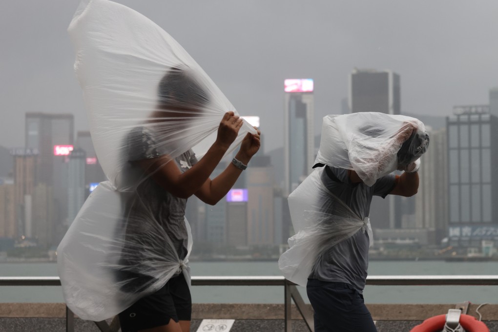 People walk along Tsim Sha Tsui Promenade under a No 8 typhoon signal as Super Typhoon Saola hit the city last year. Photo: Yik Yeung-man