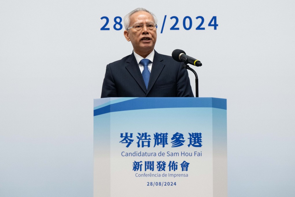 Sam Hou-fai, former president of Macau’s Court of Final Appeal, delivers his election declaration at a press conference in Macau on August 28. Sam is widely expected to be the sole candidate to become Macau’s fourth chief executive in October. Photo: Xinhua