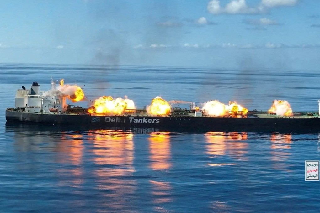 Explosions take place on the deck of the Greek-flagged oil tanker Sounion on the Red Sea, in this picture released August 29. Photo: Houthi Military Media via Reuters