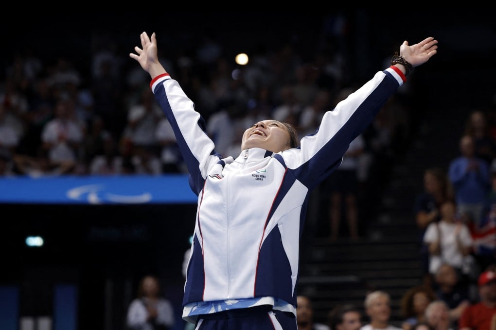 Hong Kong’s silver medallist Yui Lam Chan celebrates on the podium at the Paralympics in Paris, France. Photo: Reuters