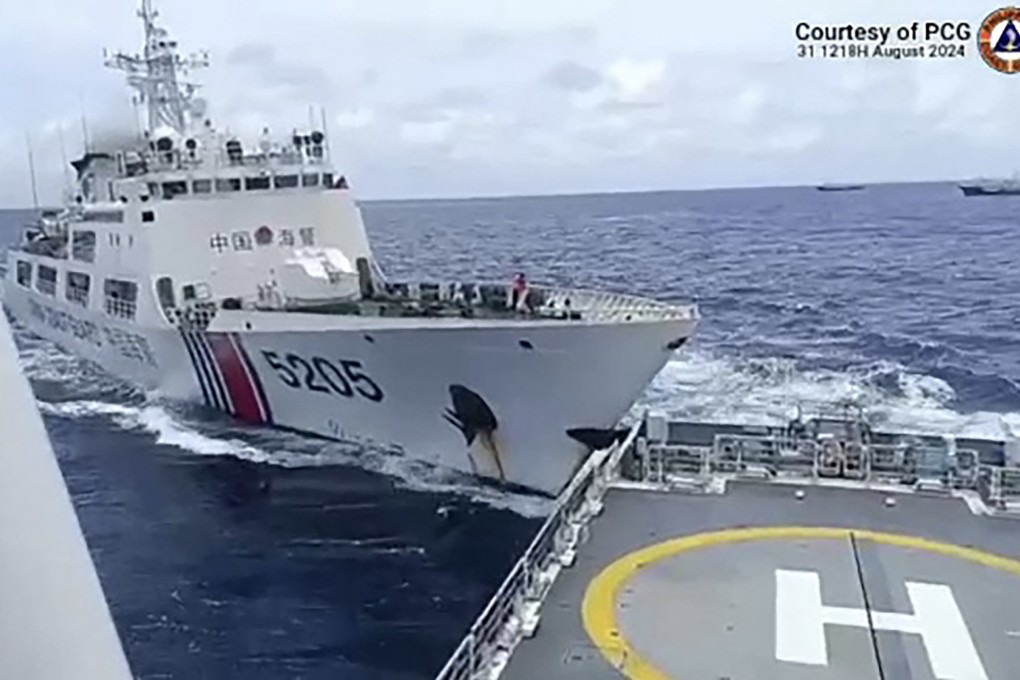 Frame grab from handout video footage taken and released on Saturday by the Philippine Coast Guard shows the collision between a China Coast Guard vessel and the BRP Teresa Magbanua near Sabina Shoal. Photo: AFP / Philippine Coast Guard