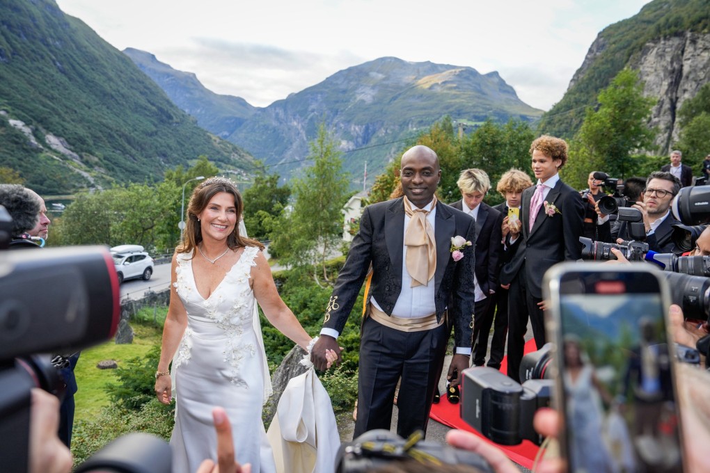 Norwegian Princess Martha Louise and Durek Verrett arrive at their wedding party at Hotel Union in Geiranger, western Norway, on August 31 after tying the knot. Photo:  EPA-EFE