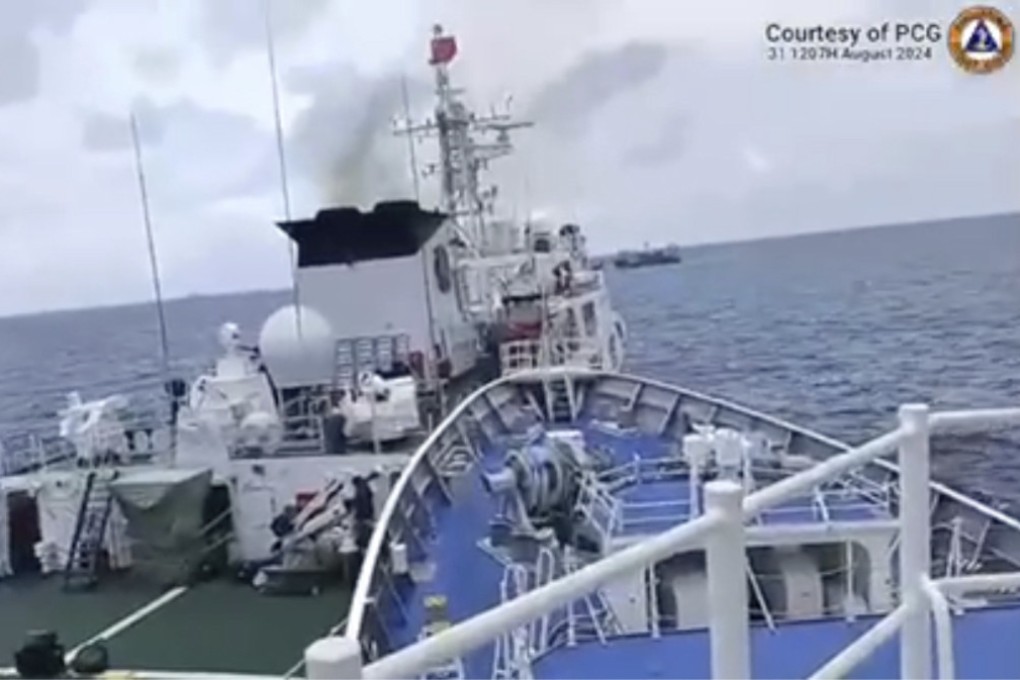 A Chinese Coast Guard ship, right, collides with a Philippine Coast Guard vessel near the Sabina Shoal on Saturday in an image taken from video provided by the Philippine Coast Guard. Photo: Philippine Coast Guard via AP