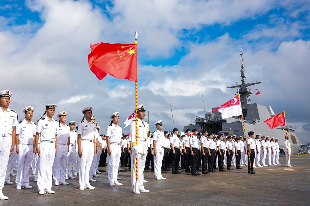Sailors from China and Singapore attend the opening ceremony of China-Singapore Exercise Maritime Cooperation 2024 near Zhanjiang in southern China on Sunday. Photo: Xinhua