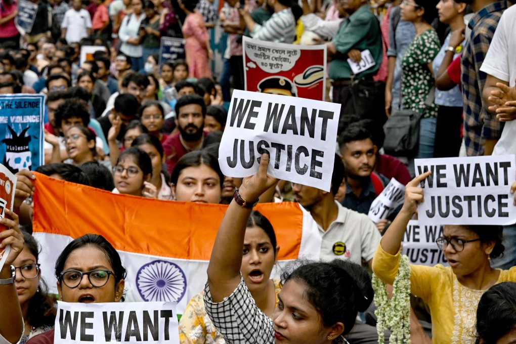 Junior doctors protest to demand the resignation of a city police commissioner and condemn the rape and murder of a doctore, in Kolkata. Photo: AFP