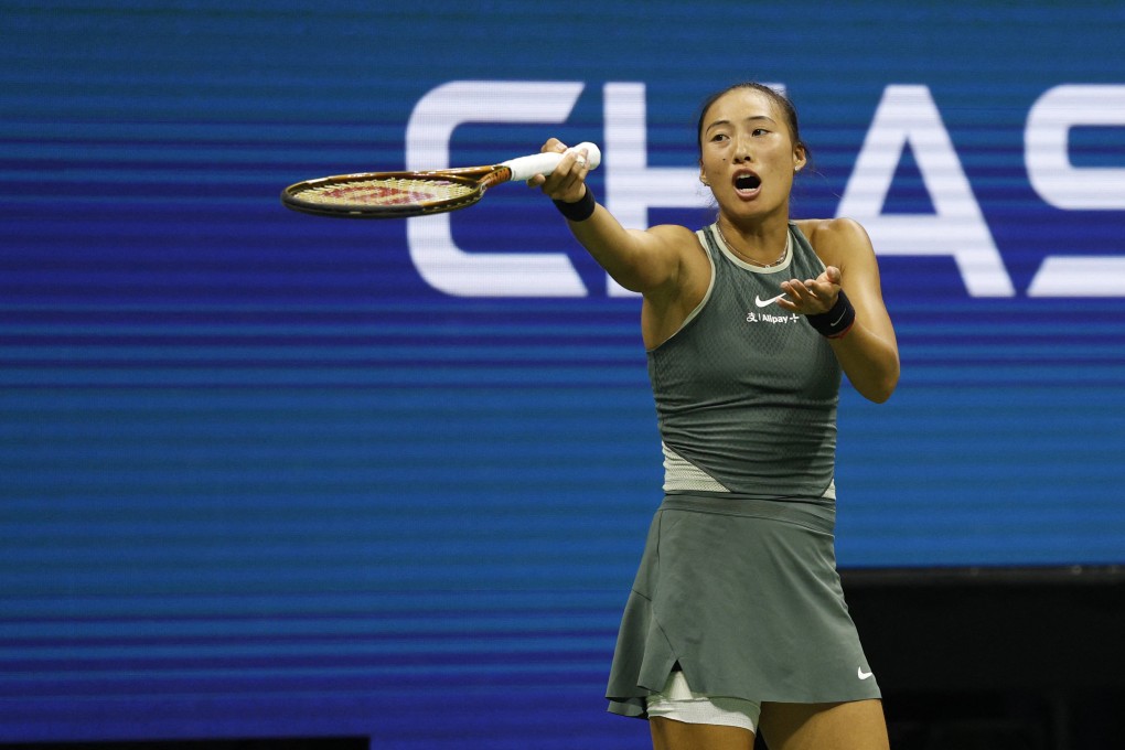 Qinwen Zheng gestures towards fans moving in the stands during play against Donna Vekic in a women’s singles match on day seven of the 2024 US Open tennis tournament. Photo: USA Today Sports via Reuters