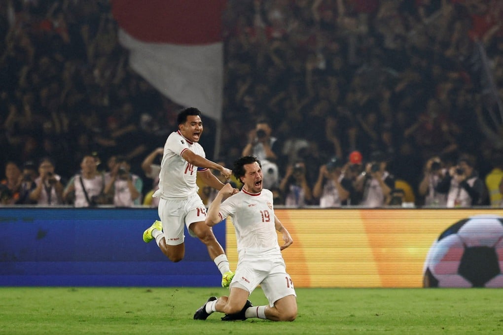 Indonesia’s Amsterdam-born midfielder Thom Haye (right) celebrates after scoring the first goal in their 2-0 win over the Philippines, with teammate Asnawi Mangkualam. Photo: Reuters