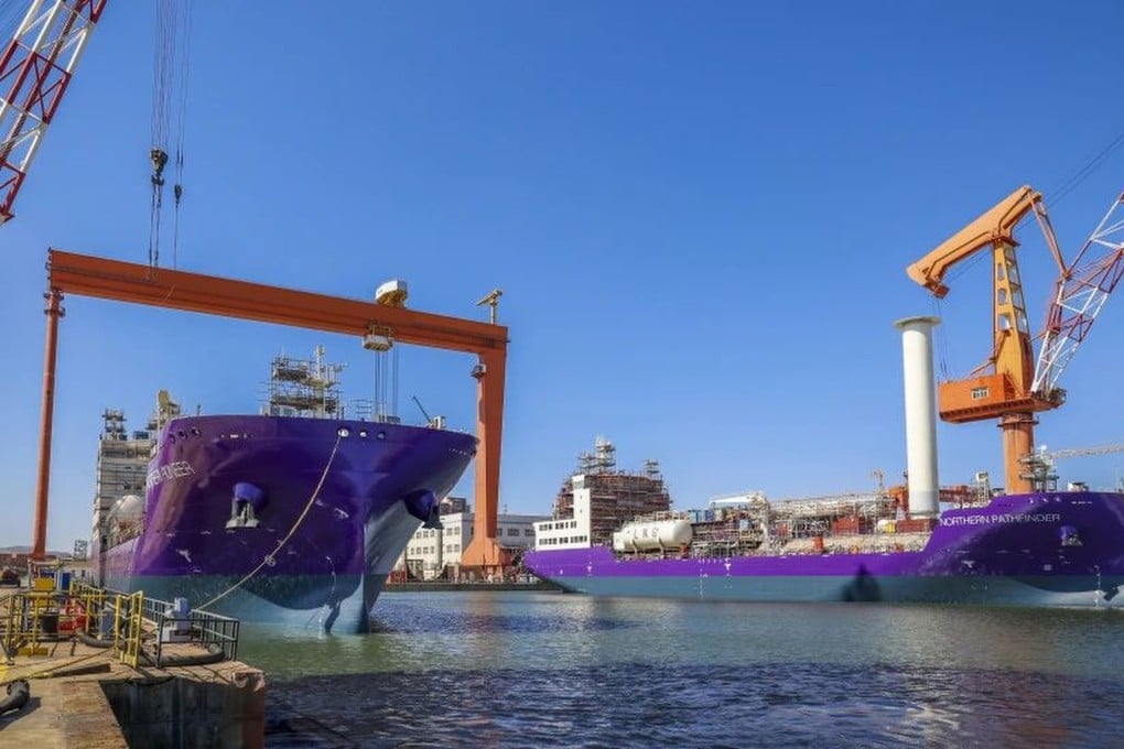 The world’s first 7,500 cubic meter liquid carbon dioxide transport ship No. 1 and No. 2, built by China State Shipbuilding Corp’s Dalian Shipyard for Norway’s Northern Lights. Photo: SASAC