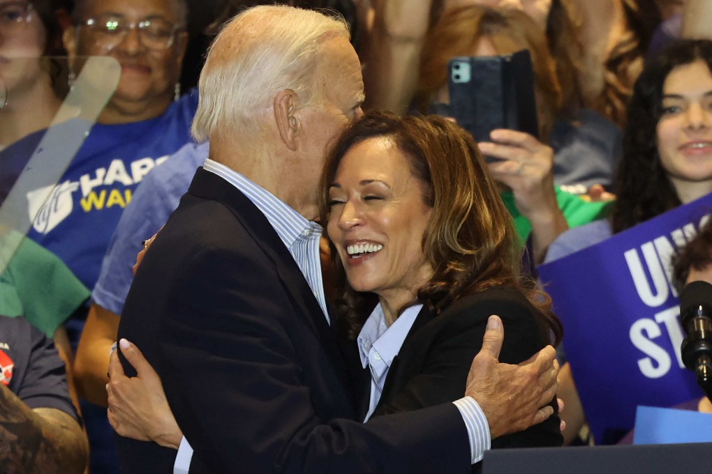 US President Joe Biden embraces Democratic presidential nominee, US Vice-President Kamala Harris, during a campaign event on Monday in Pittsburgh, Pennsylvania. Photo: Getty Images via AFP