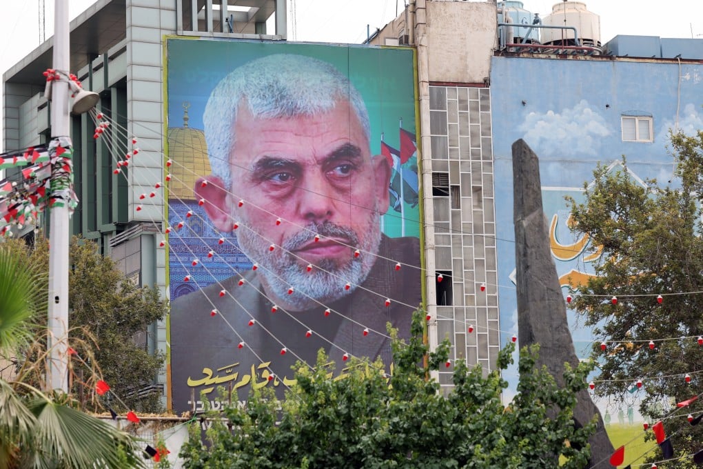 A large picture of Hamas leader Yahya Al-Sinwar hangs on a wall at Palestine Square in Tehran, Iran, in August. Photo: EPA-EFE
