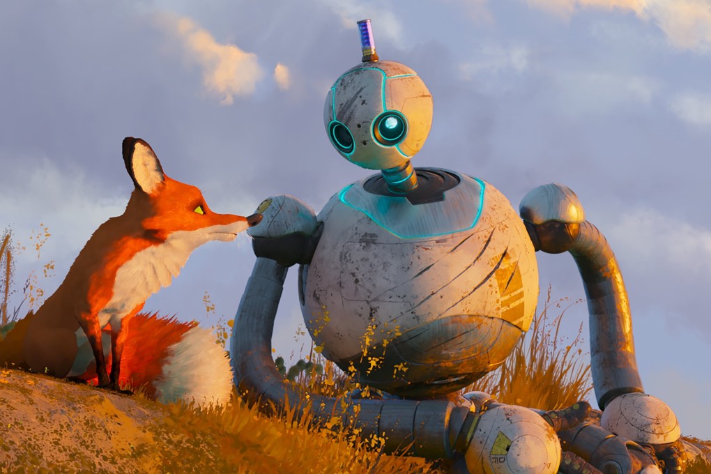 Fink (left, voiced by Pedro Pascal) and Roz (Lupita N’yongo) in a still from The Wild Robot (category TBC), directed by Chris Sanders. Kit Connor also stars.