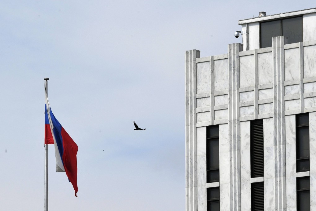 A bird flies past the Russian embassy in Washington in April 2021. Photo: AFP