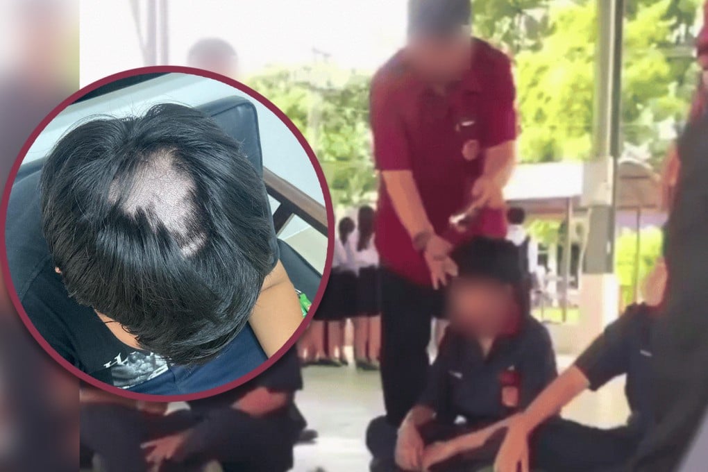A Thai teacher punishes his students for flouting hair rules by shaving their heads to create bald patches. Photo: SCMP composite/X.com/Facebook