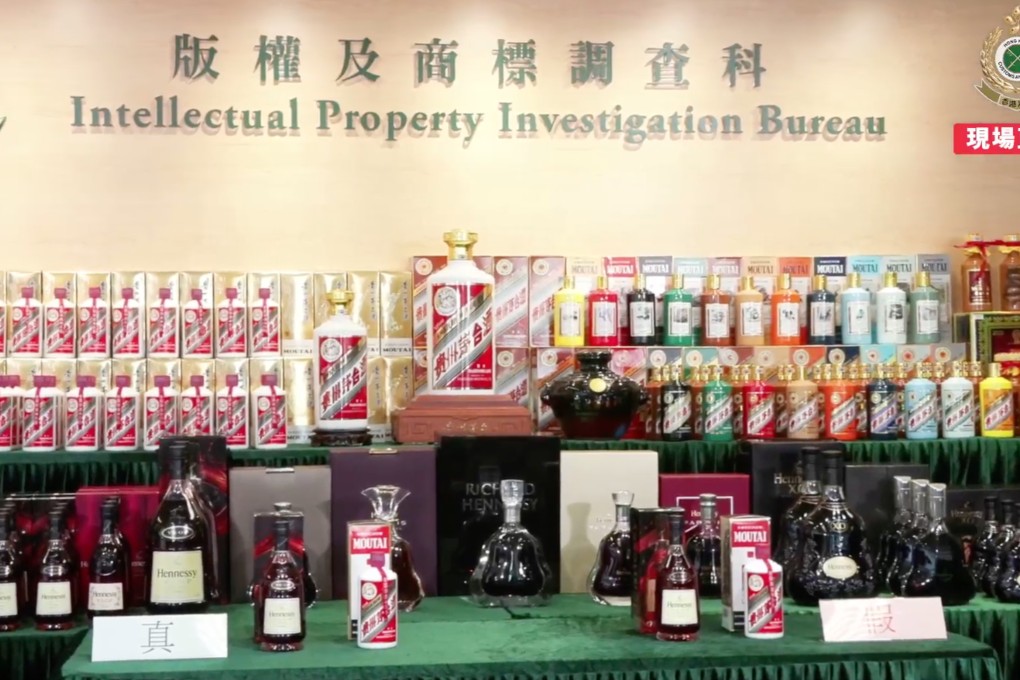 Authentic and fake spirits are displayed side by side. Photo: Facebook/Hong Kong Customs