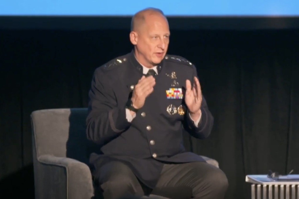 A screengrab of General Michael Guetlein of the United States Space Force speaking in Virginia on Wednesday.