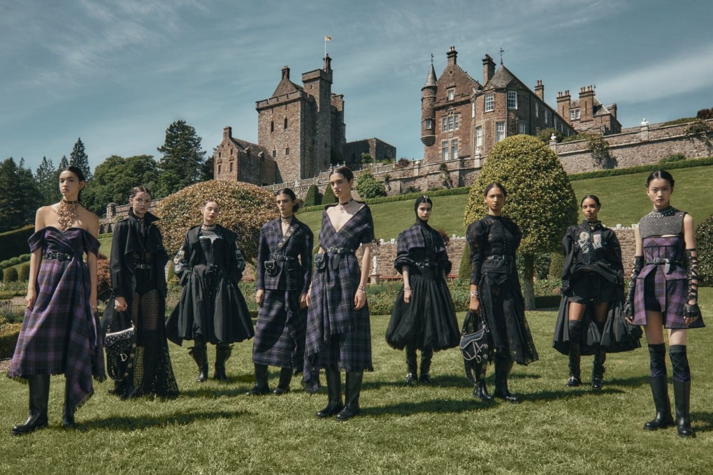 A group of models pose at Scotland’s Drummond Castle, where they presented the Dior Cruise 2025 collection. Photos: Handout