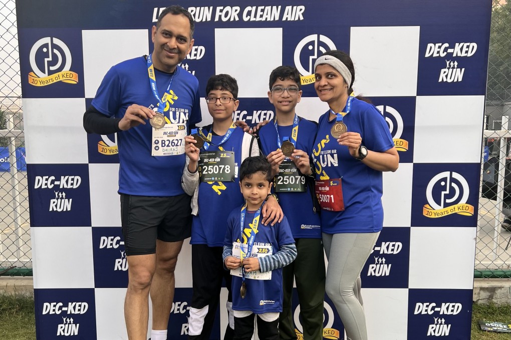 Dhiraj Bhandary after taking part in a distance race with his wife, Deeksha, and their sons in Gurgaon, India. Bhandary started running to get fit after being diagnosed with diabetes and a flesh-eating disease. Photo: Dhiraj Bhandary