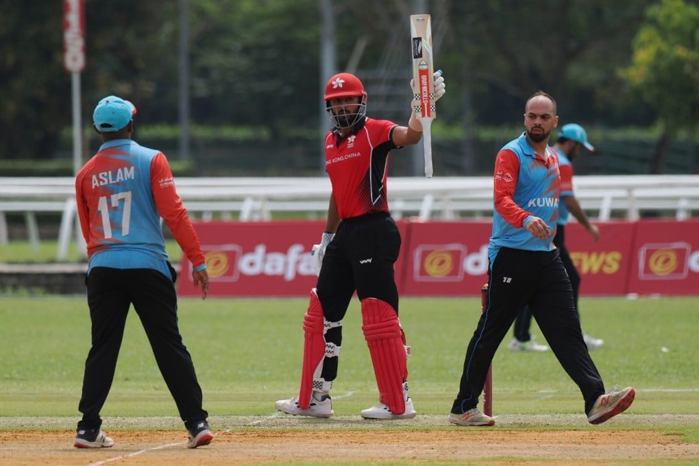 Hong Kong’s captain Nizakat Khan raises his bat after a half-century against Kuwait. Photo: Cricket Hong Kong, China