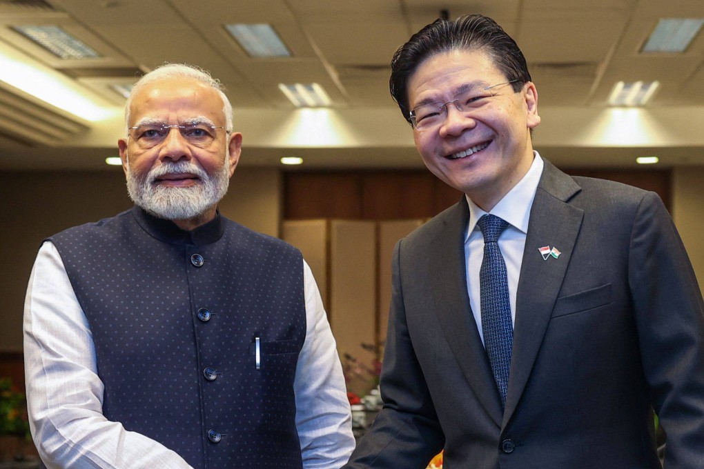 Singapore’s Prime Minister Lawrence Wong (right) shaking hands with India’s Prime Minister Narendra Modi. Photo: Singapore’s Ministry of Digital Development and Information/AFP