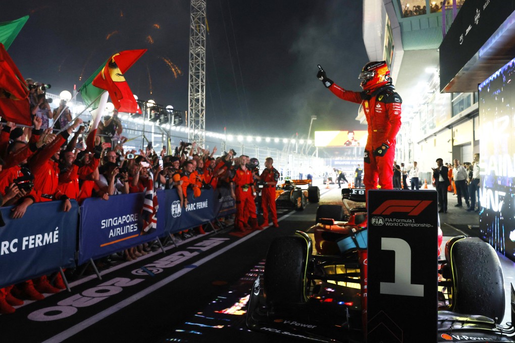 Ferrari’s Carlos Sainz Jnr celebrates winning the Singapore Grand Prix last September. Photo: Reuters