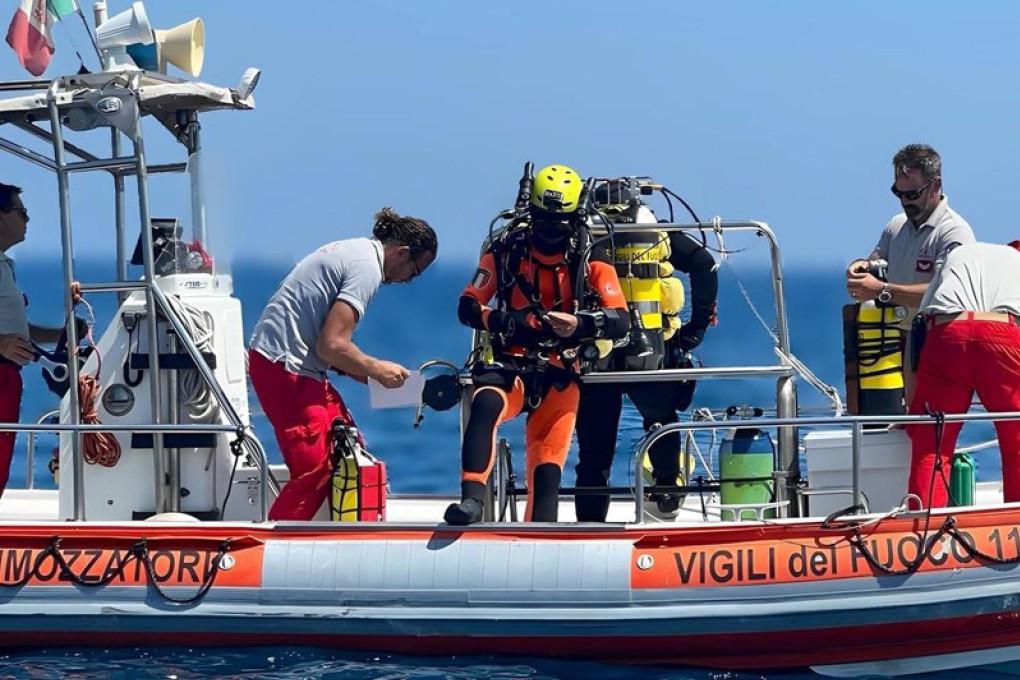 Italian divers prepare to resume inspections of the Bayesian yacht’s wreck in Porticello, Sicily island, in August. Photo: Vigili del Fuoco via EPA-EFE