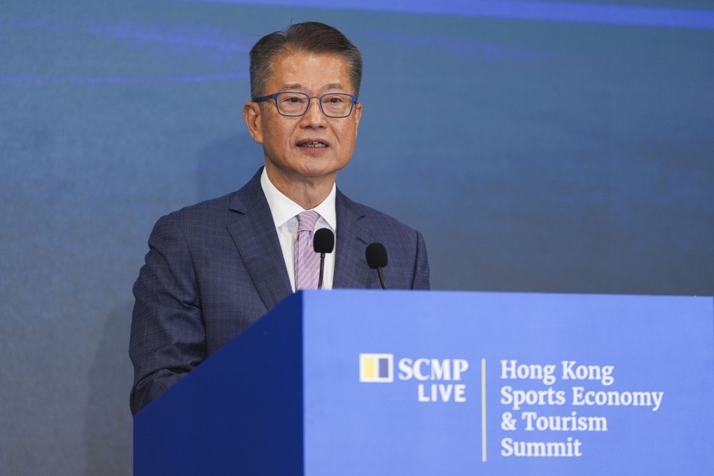 Financial Secretary Paul Chan delivers a keynote speech at the Hong Kong Sports Economy and Tourism Summit held at the Fullerton Hotel Ocean Park in Aberdeen. Photo: Eugene Lee