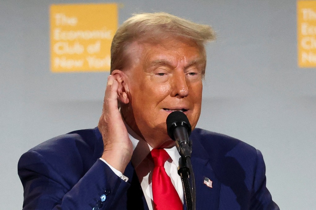 Former US president Donald Trump gestures as he speaks at the Economic Club of New York on Thursday. Photo: Reuters