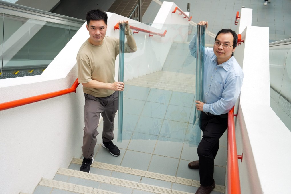 Lin Chongjia (left) and Huang Baoling of the mechanical and aerospace engineering department at HKUST show off some of the cooling film. Photo: Sun Yeung