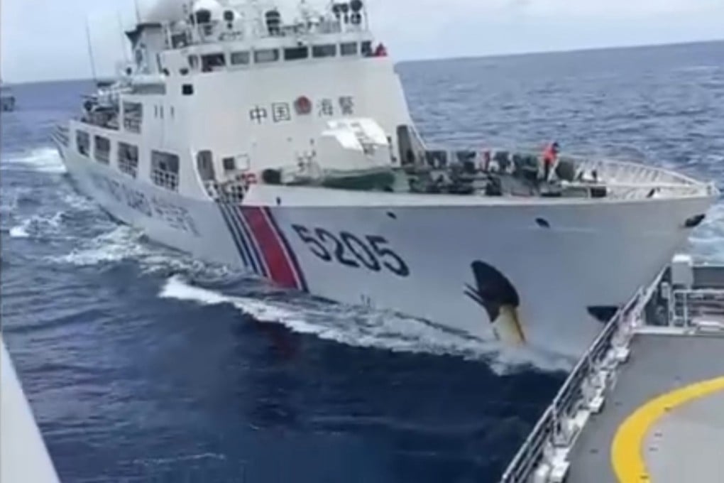 A Chinese coastguard ship (left) collides with the BRP Teresa Magbanua in the South China Sea on August 31. Photo: EPA-EFE/ Philippine Coast Guard/ Handout