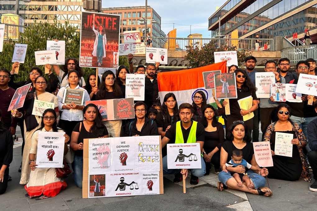 Members of the Indian diaspora in Stockholm, Sweden, gather on Sunday to protest against the rape and murder of a trainee doctor in Kolkata last month. Photo: Reuters