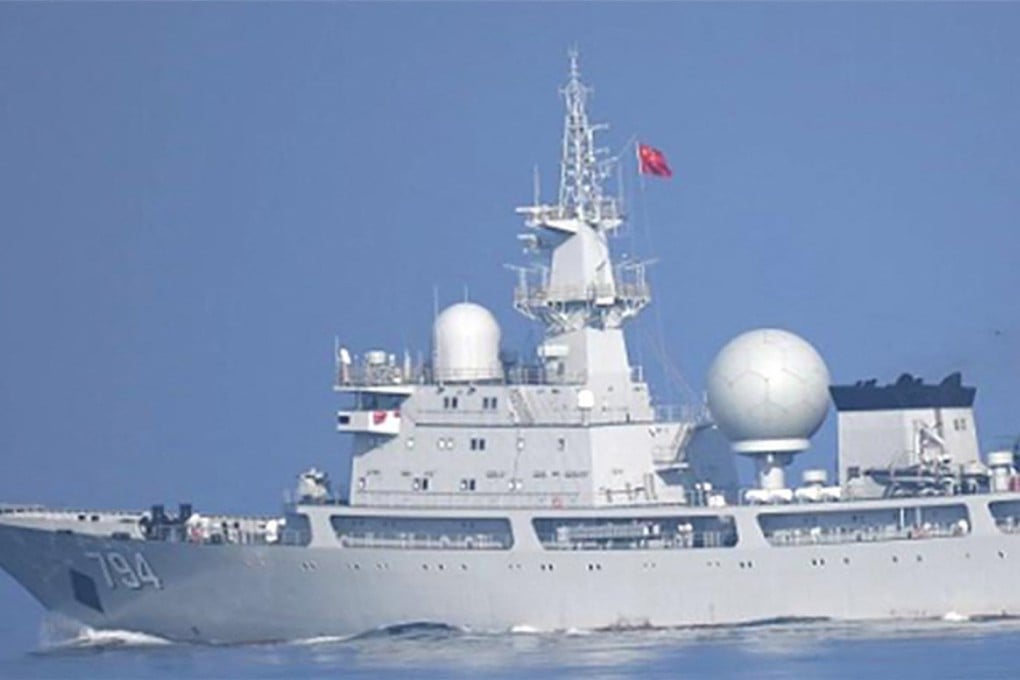 A Chinese Navy Dongdiao-class electronic reconnaissance ship in the Tsushima Strait on Saturday. Five Chinese naval ships entered the Sea of Japan over the weekend heading in the direction of Russia. Photo: Japan’s Defence Ministry/AFP