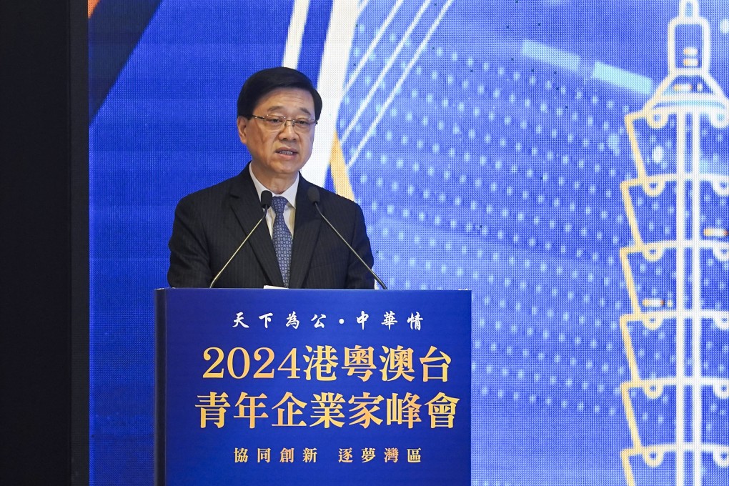 John Lee speaks at the launch of the Hong Kong-Guangdong-Macau-Taiwan Youth Entrepreneurs’ Summit on Tuesday. Photo: Elson Li