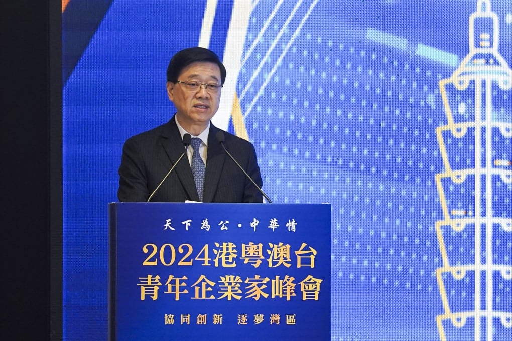 John Lee speaks at the launch of the Hong Kong-Guangdong-Macau-Taiwan Youth Entrepreneurs’ Summit on Tuesday. Photo: Elson Li